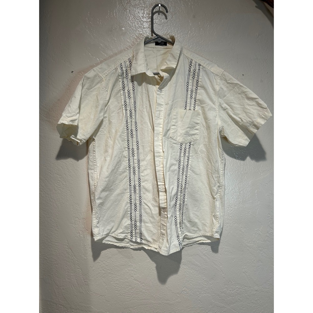 COOFANDY Mens Cream Embroidered Guayabera Style Short Sleeve Button Down Shirt L